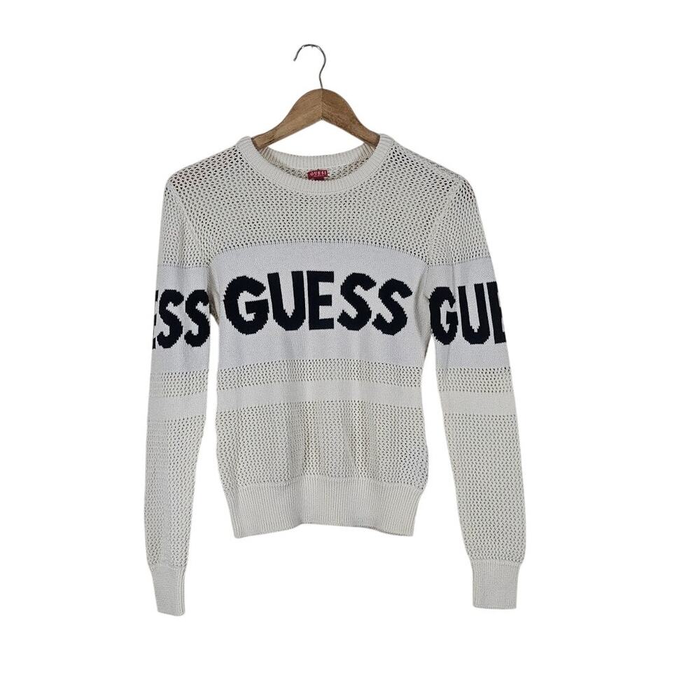 GUESS Logo Mesh Knit Sweater Cream Black Pullover Size S Streetwear
